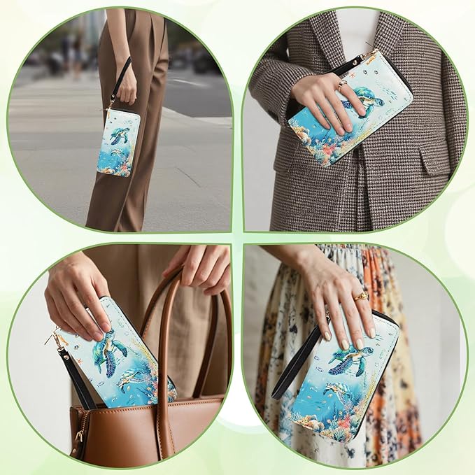 Sea Turtle Wallets for Women - Slim PU Leather Womens Wallet with Cash Zipper Coin Purse, Small Credit Card Holder Travel Wallet, Wristlet Wallets for Ladies Teen Girls Purse (Ocean Lovers Gift)
