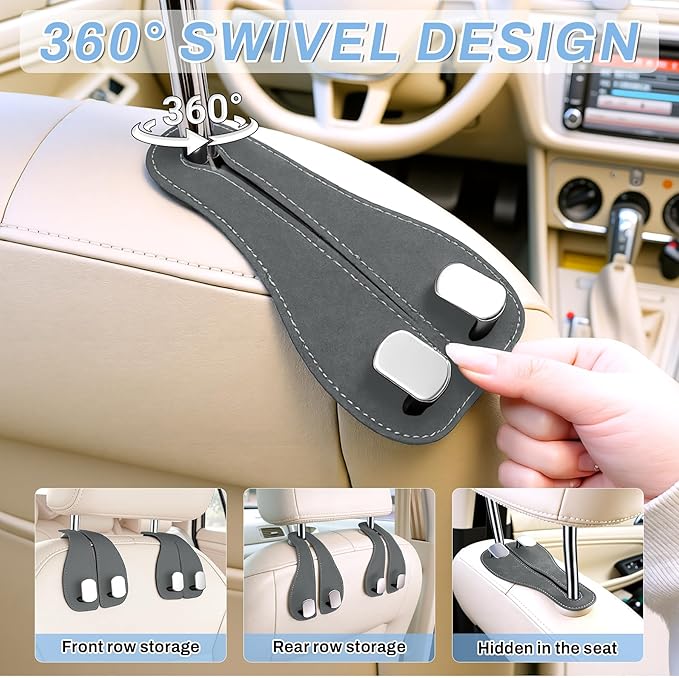 SINGARO 2PCS Car Purse Holder Hook, Seat Back Storage Hook, Leather-Wrapped Alloy Double Headrest Hook for Purses & Bags, Cute Car Interior Accessories for Women and Men, Gray
