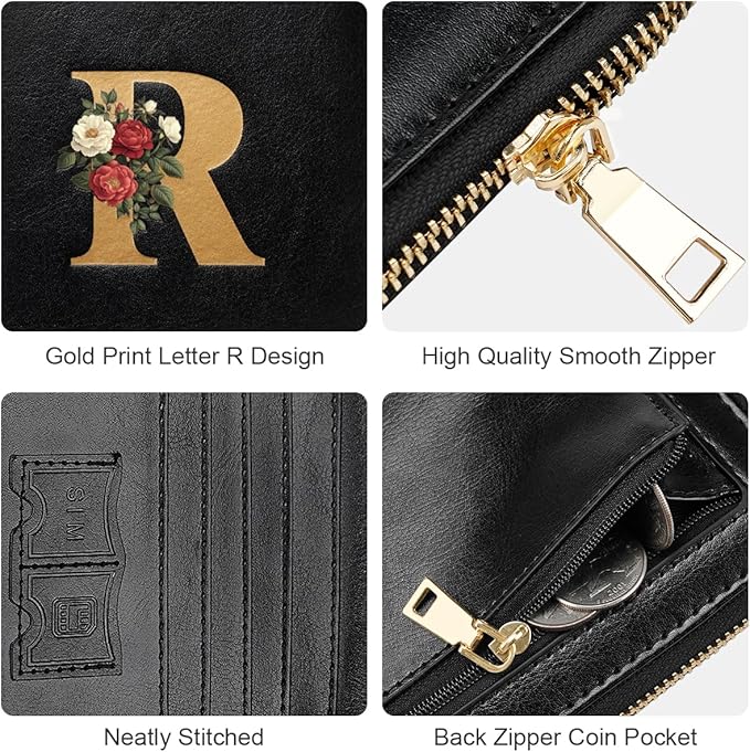 Passport Holder Cover Wallet with Zipper Personalized Initial Letter R Rose Flower RFID Blocking Travel Wallets Credit Cards Holder for Women, Gift for Wife and Girlfriend,R