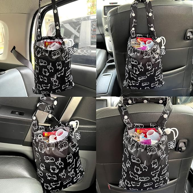 Waterproof Car Trash Bag Reusable Portable Garbage Can with Drawstring Top Adjustable Hanging Strap Leakproof & Washable for Cars SUVs & Trucks (Black Cats)