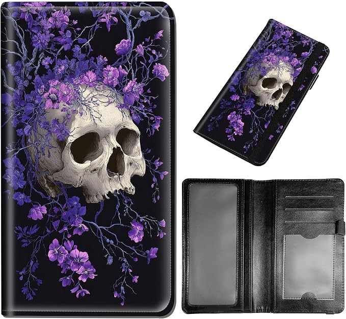 DEGDFSGR Checkbook Cover PU Leather Checkbook Covers for Women for Duplicate Checks, Check Book Covers with RFID Blocking Function for Personal Checkbook, Skull And Purple Flower