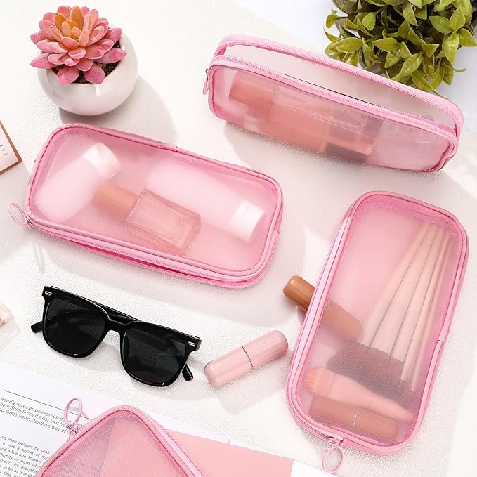 Weewooday 4 Pcs Mesh Makeup Bag Mesh Cosmetic Bag Toiletry Pouch with Zipper Mini Makeup Cosmetic Purse for Daily Accessory(Medium,Pink)