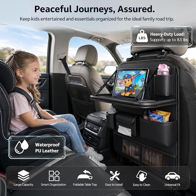 1 Pack Backseat Car Organizer with Tablet Holder, Back of Seat Car Organizer for Kids, Waterproof Kick Mats Car Seat Back Storage, Car Accessories for SUV, Truck, Travel Essentials, Black