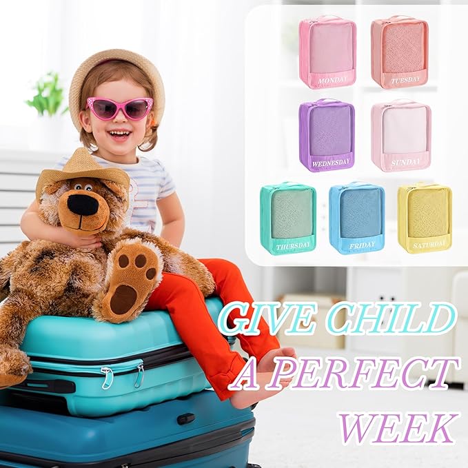Days of Week Packing Cubes Weekly Organizer Travel Storage Bag School Clothes for Kids Summer Camp Family(7x9x3inch,Macaron,15)