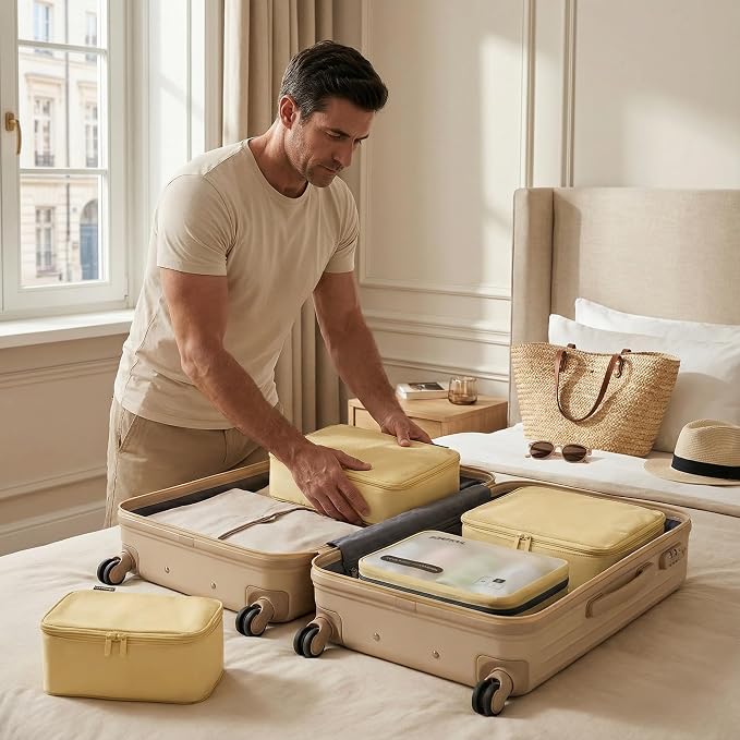 6 Set Compression Packing Cubes for 7–14 Day Travel, Bright Yellow | Nylon Oxford Fabric, Full Breathable Mesh, Reinforced Double-Zipper, Small to Large Size Bag, Expandable Packing System