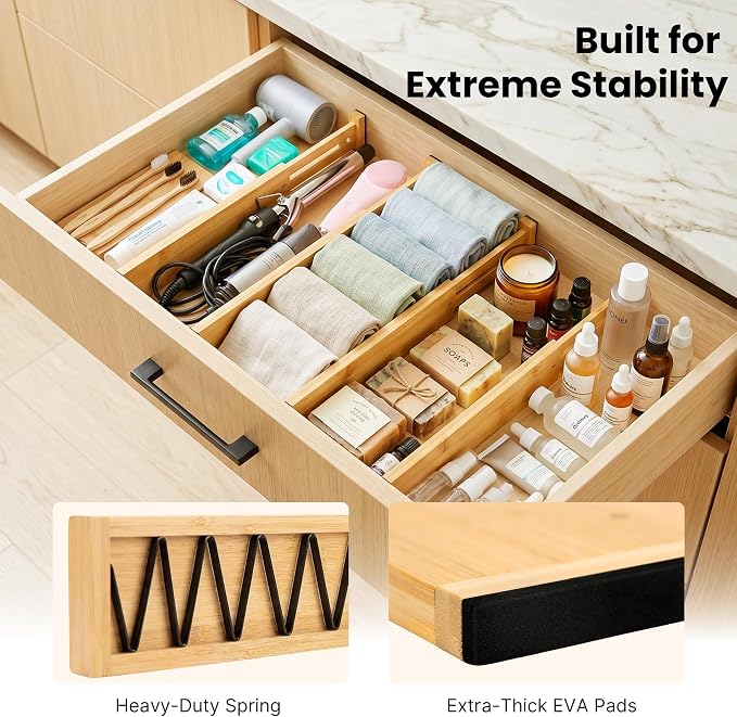 4 Pack Drawer Dividers, 2.36" Bamboo Expandable Drawer Organizers, 17-22" Adjustable Tension Separators, Standard Drawer Dividers for Kitchen, Bedroom Dresser, Baby Nursery & Bathroom