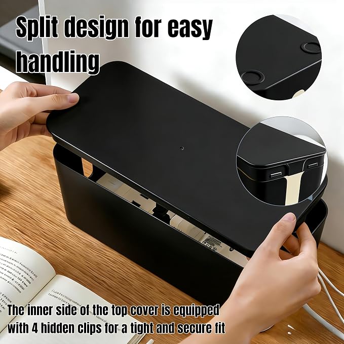 1 Large + 1 Small Cable Management Box Set – 2-Piece Cord Organizer Box, Home Office Desk Wire Storage & Cable Management Solution (Acryliclid lid/Black)