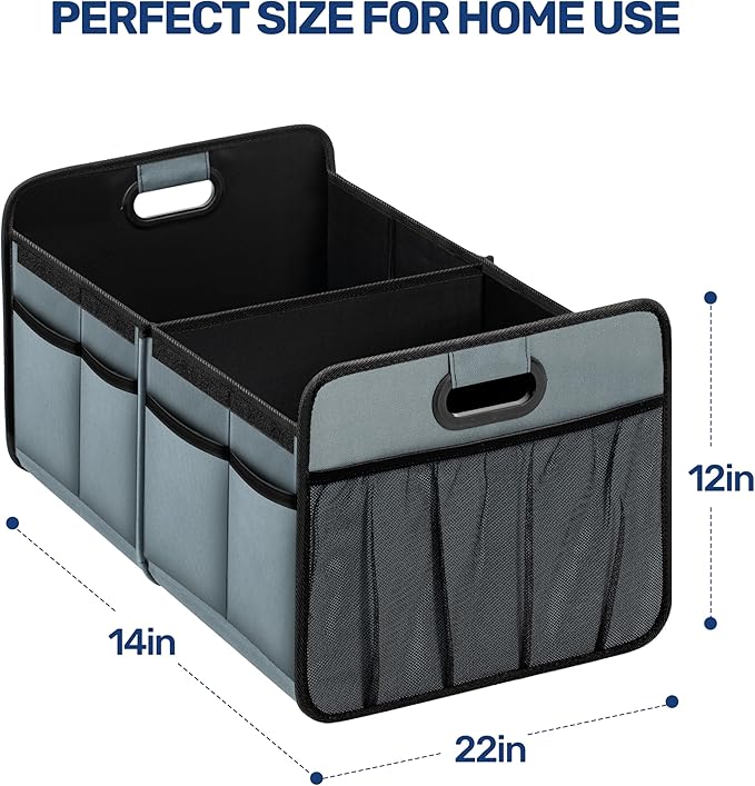 YSSOA 2 Compartments Car Trunk Organizer with Lid, 600D Oxford Polyester Car Storage, Anti-slip Collapsible Trunk Storage, Suitable for SUV, Minivan, Truck, Grey-Green