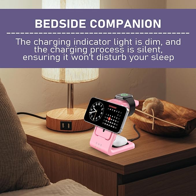 3 in 1 Wireless Charging Station: 5000mAh Removable Power Bank Charger Stand for Phone/Watch/Air Pods - Portable Magnetic Battery Pack for Air 17 16 15 14 13 12 Series Pink