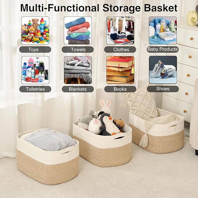 ICERZCZ Large Storage Baskets for Organizing Shelves, Woven Cotton Rope Bins for Baby Nursery Organization, Book Toy Towel Organizer, 17"x13"x9.5", 3 Packs, Off White & Brown