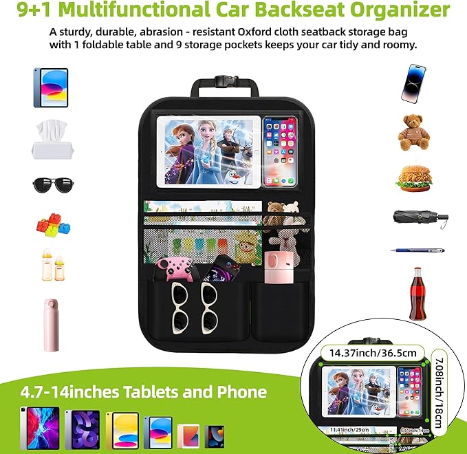 2PCS Backseat Car Organizer with Foldable Tray-9+2 Pockets Car Organizer and Storage,Car Seat Back Protector Road Trip Essentials Storage Caddy/Stuff for Cars/Truck/SUV Christmas Gifts