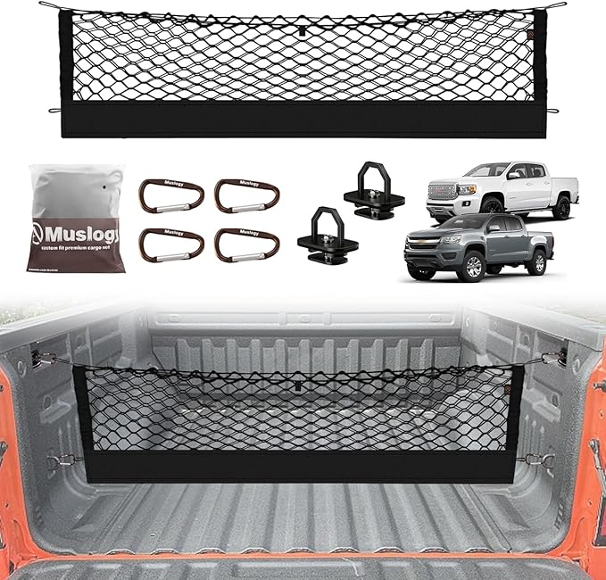 Muslogy Truck Bed Cargo Net Trunk Netting Compatible with 2015-2022 Chevy Colorado & GMC Canyon Accessories, Pickup Cargo Organizer SUV Sedan Storage Net w/Heavy Duty Carabiners