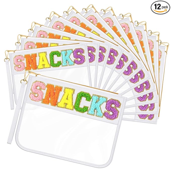 Abbylike 12 Pcs Snack Bags Clear Chenille Letter Snacks Zipper Pouch Waterproof PVC Large Travel Makeup Cosmetic Storage Organizer Bag for Mom Team Cheerleaders Teacher (White)