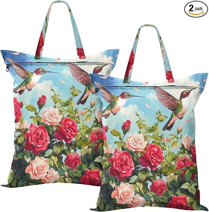 Travel Laundry Bags 2 PC Wet Dry Bag with Handle Dirty Clothes Organizer for Swimsuits Beach Camping Waterproof Washable Cartoon July 4th Red Roses and Hummingbirds