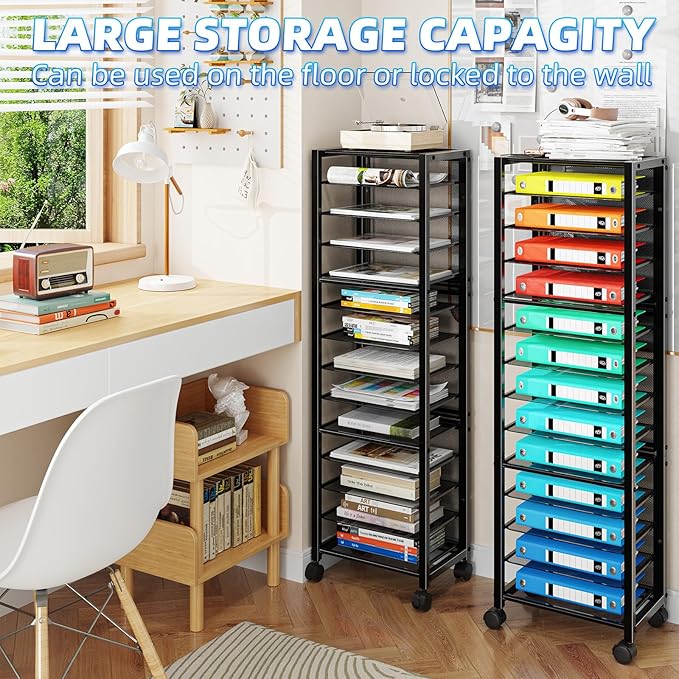 Simple Trending 14 Tier Rolling File Cart, Desk File Organizer, Paper Letter Storage Rolling Clutter Cart for Office, Home, School, Black