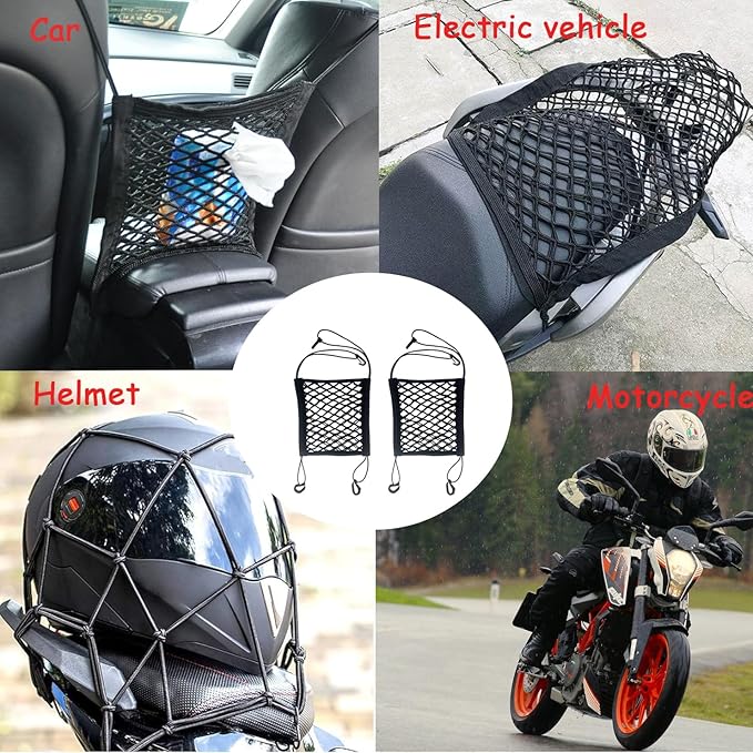 ZMD 2PCS Upgrade Cargo Net for Motorcycle Helmet Storage, 9.8"X11" High-Elastic Double Layer Bungee Net with 8 Hooks, Small Cargo Net for Bikes, Electric Bikes, Scooters, Motorcycles