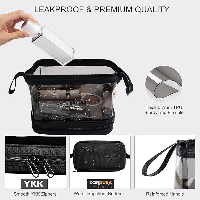 Rough Enough Clear Cosmetic Bag for Women and Men, Leakproof Travel Makeup Organizer, with Detachable Brush Pouch, Large Opening, 6.5”x5”x8.5”, Black