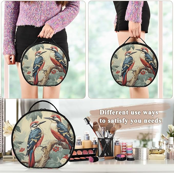 senya Round Cosmetic Pouch Travel Makeup Train Case Vintage Birds Makeup Organizer Bag with Adjustable Dividers Portable for Cosmetics Makeup Brushes Toiletry Jewelry Accessories