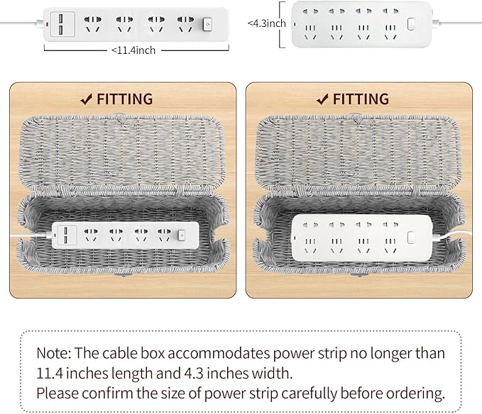 Cable Management Box, Desk Handwoven Rattan Cord Hider Cable Organizer Box With Lid Button Lock, Power Strip Cover Wicker Decorative Basket, Floor Wire Hiding Extension Cord Box (grey)