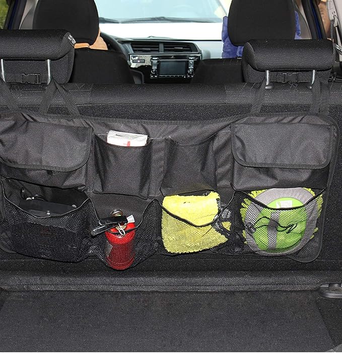 Car Backseat Trunk Organizer Cargo Truck Organizer Foldable Backseat Storage for Car,Truck, SUV, Van Organizers Back Seat Mesh Pockets