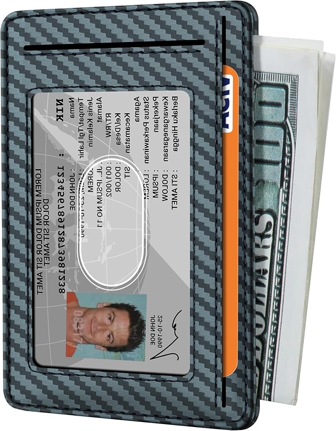 Travelambo Front Pocket Minimalist Leather Slim Wallet RFID Blocking Carbon Fiber Texture