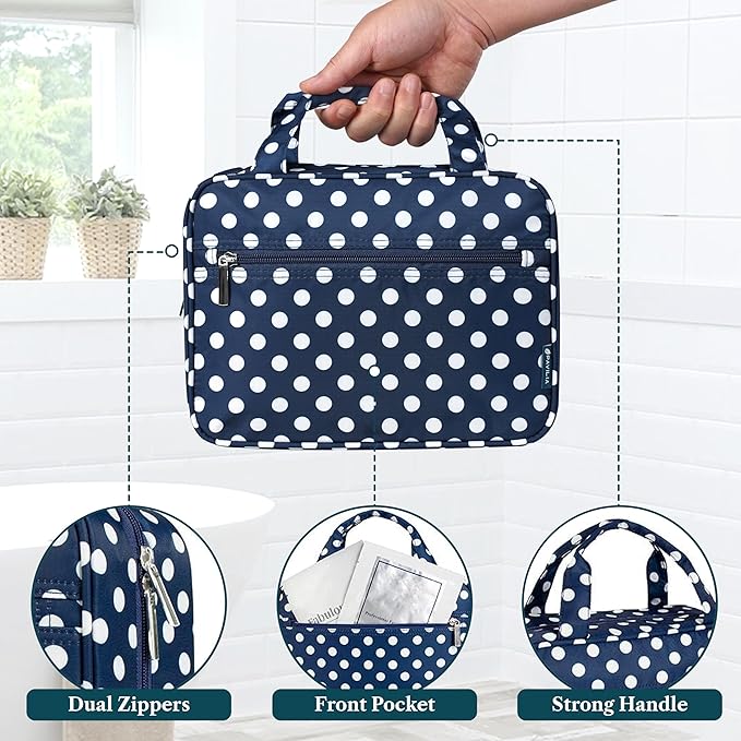 PAVILIA Hanging Toiletry Bag Travel Bag Women Men, Foldable Cosmetic Organizer, Roll up Makeup Bag, Water Resistant Accessories Toiletries, Large Travel Essentials Kit (Navy Polka Dot)