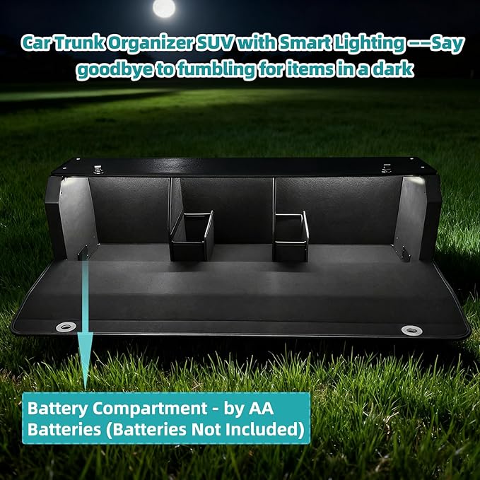 Car Trunk Organizer with LED Light, SUV Organizer Trunk Storage, Leather Callapsible Storage Box, Waterproof Car Organizers and Storage Powered by 4 AA Batteries(Batteries Not Included)