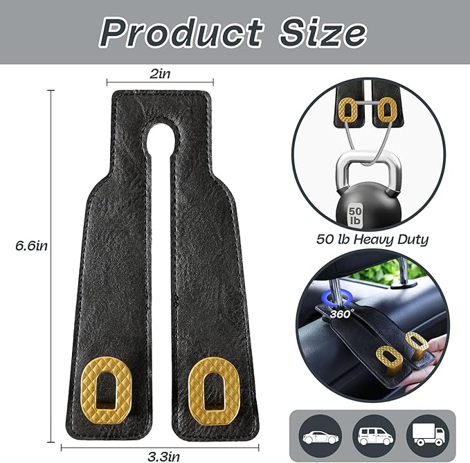 Car Headrest Hooks Universal Car Purse Hook Premium Leather and Alloy Twin Hook Car Seat Back Storage Hanger Hook for Purse Bags Cloth Drink Durable Holder Car Accessories (BH09-Black-Gold)