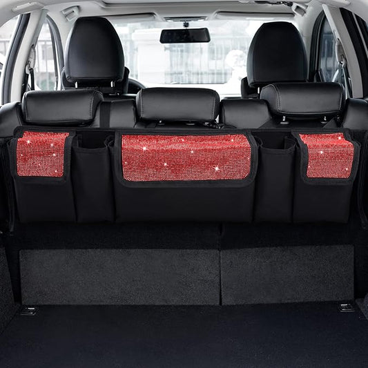 eing Car Trunk Organizer and Storage, Backseat Hanging Organizer for SUV, Truck, MPV, Waterproof, Collapsible Cargo Storage Bag with 5 Pockets, Bling Car Interior Accessories for Women,Red