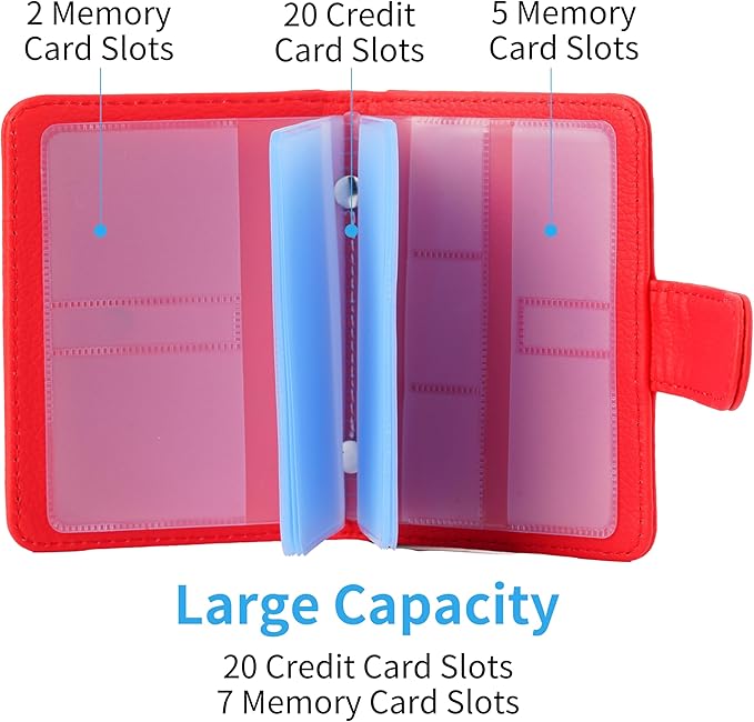 Wisdompro Credit Card Holder, Slim Leather RFID Blocking Wallet Debit Card Protector Organizer Case (20 Card & 7 Memory Card Slots)-Vertical Red
