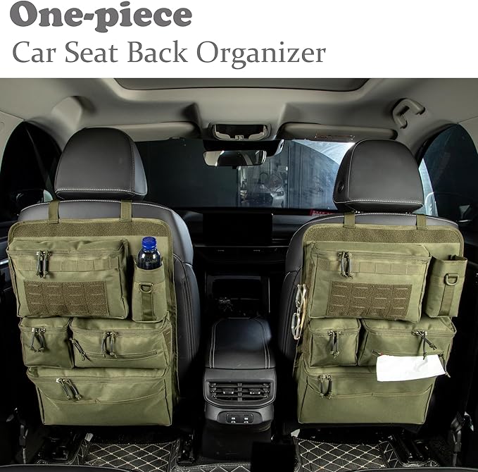 6 Pack Tactical Molle Car Seat Back Organizer - Tactical Vehicle Panel Organizer with 5 Detachable Molle Pouch,US Flag Patch and Keychain,Great Trunk Accessories for Man