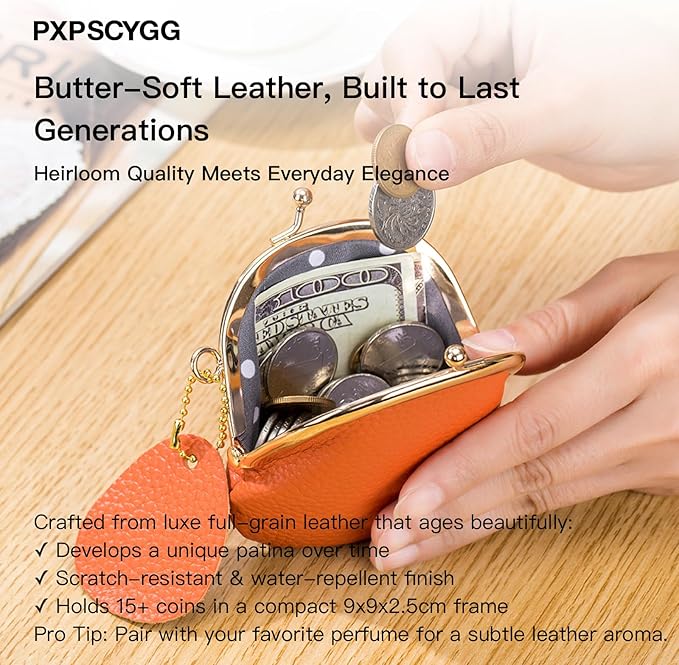Women's Small Coin Purse, Vintage PU Leather Change Purse, Coin Bag with Kiss Lock, Mini Coin Purse for Women (Orange)