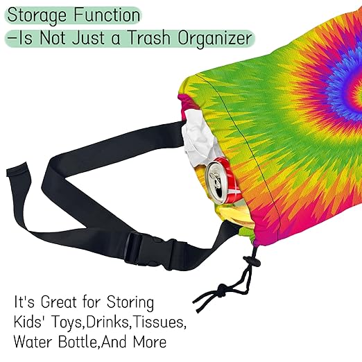 Rainbow Tie Dye Car Garbage Bag,Waterproof Small Car Trash Bag Hanging Back of Seat,Drawstring Hanging Car Trash Bag with Adjustable Buckle for Car Accessories