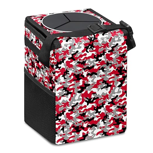 Car Trash Can Red Black White Grey Camouflage Auto Garbage Bag Car Trash Can with Lid Leak-Proof Car Storage Bag Garbage Bag Hanging for Headrest Collapsible and Portable with Storage Mesh Pocket