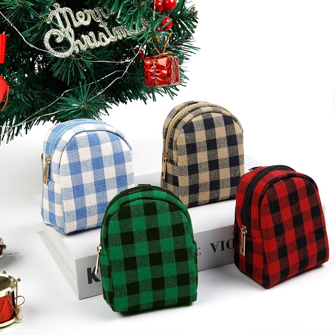 AIBFRID 4Pcs Mini Backpack Keychain,Cute Cosmetic Bag for Women,PU Leather Makeup Bag Key Pocket Lipstick Bag Card Holder Data Cable Organizer Zipper Pouch (Christmas Series)