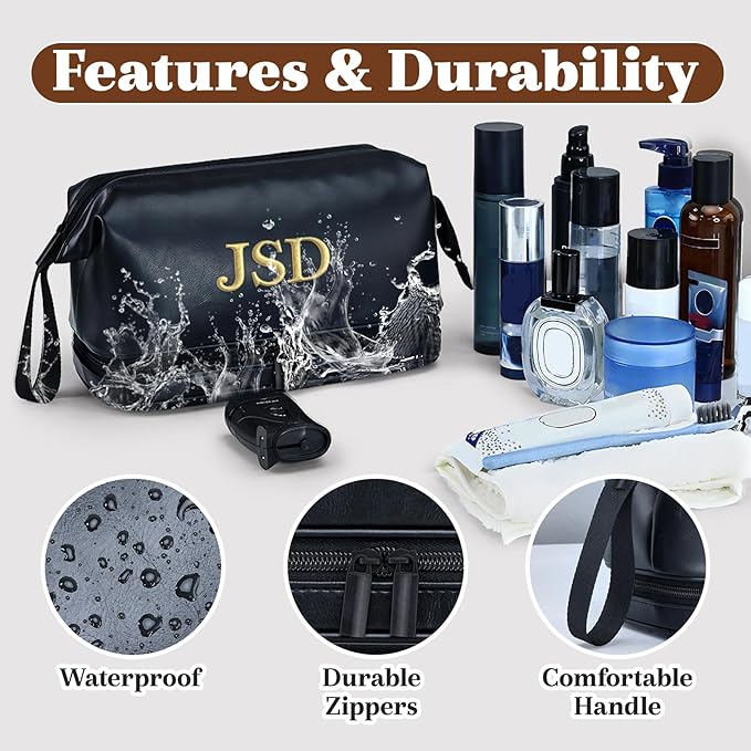 Personalized Leather Toiletry Bag for Men, Embroidered Custom Initials, Men's Travel Accessories, Gifts for Dad, Grandpa, Husband, Groomsmen, Father's Day Birthday Gifts (Style 6)