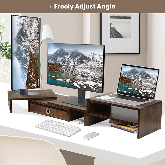 Monitor Riser for 3 Monitors, Dual Monitor Stand for Desk, Triple Monitor Stand with Drawer, Dual Monitor Stand with Storage, Extra Long Triple Monitor Riser up to 52", Angle Adjustable