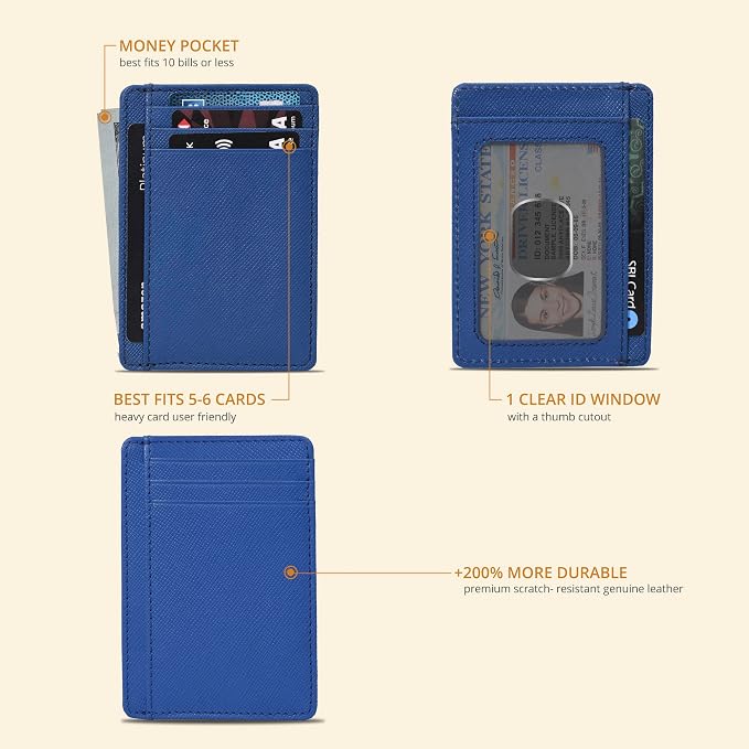 Real Leather Slim Minimalist Wallet for Men and Women -RFID Blocking Front Pocket Thin Credit Card Holder Stylish Wallets (Royal Blue)