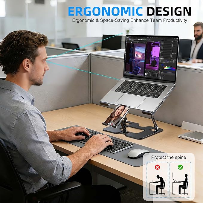 Ergonomic Foldable 2-in-1 Laptop Stand with Fans,Laptop Riser for Desk with Phone Holder,Computer Stand for Laptop,Sturdy and Portable Stand,Compatible with All Laptops and Phones Black