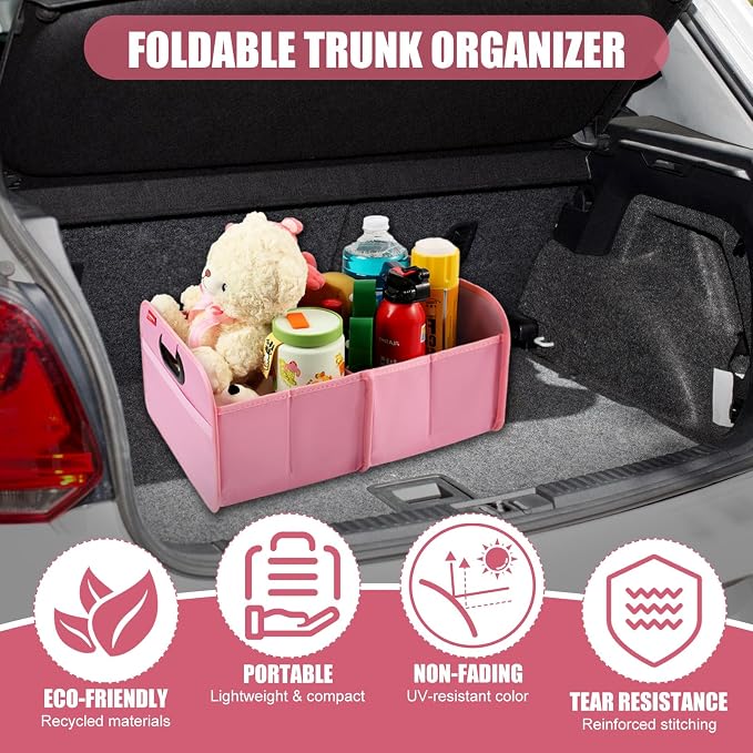 Trunk Organizer-35L Oxford Folding Car Organizer,Sturdy Car Organizer with Collapsible Multi-Compartment for SUVs and Sedans (Pink)