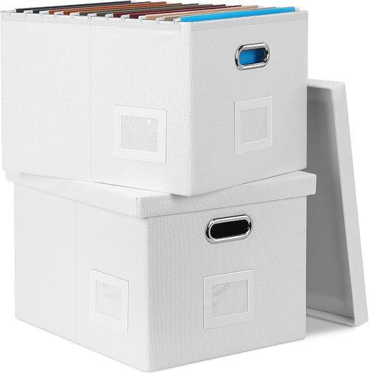 Graciadeco File Organizer Box, Decorative Storage Filling Box with Lid for Letter Legal Size Hanging Folders Collapsible Linen File Folder Box Office Document Storage Filing Bin, White 2 Pack