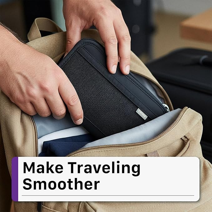 Fosmon Passport Bag, RFID Blocking Travel Document Organizer, Black | Polyester material, slim RFID-blocking wallet, compact 9.8x1x5.5 inches, for airplane travel, unisex.