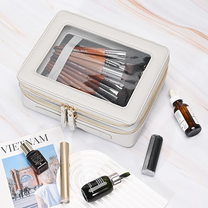 Aveniee Clear Makeup Bags, Double Layer Cosmetic Bags with a Separate Brush Compartment, Large Travel Toiletry Bag Train Case for Women, Travel Accessories Organizer,2 Layers Large, Grey