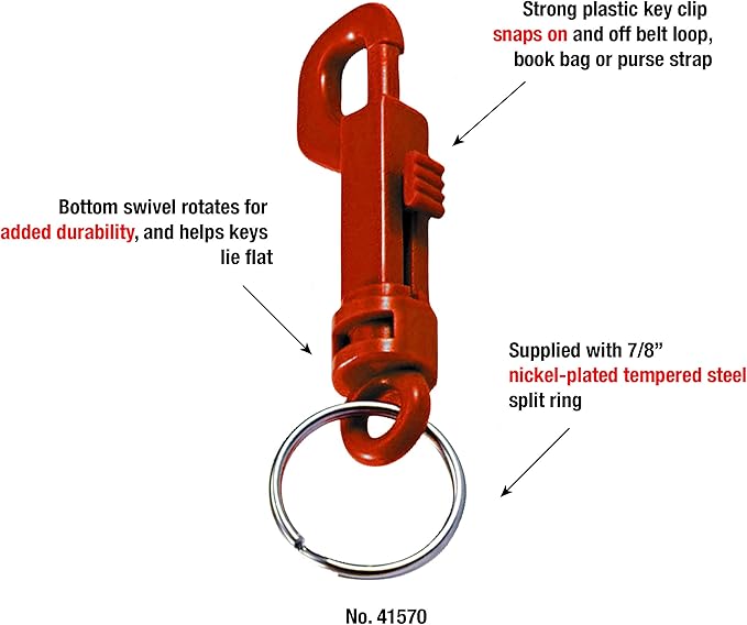 Lucky Line Plastic Key Clip for Backpacks, Belts, Keys, Party Favors, Arts and Crafts, Red, 25 Per Bag (41570)
