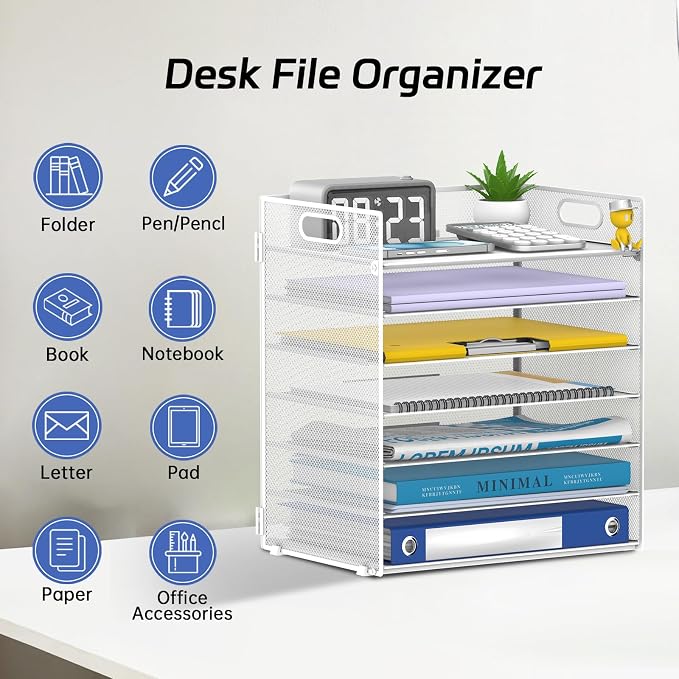 7 Tier Paper Organizer - Mesh Desktop File Holder with Handles for Office School Desk, Black (White)