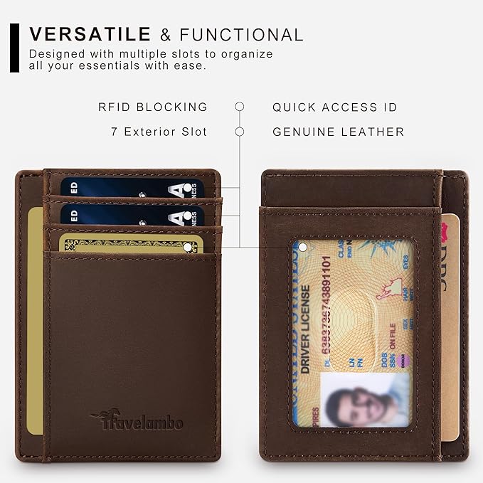 Travelambo 100% Genuine Leather Wallet for Men and Women, Slim Minimalist RFID Blocking Front Pocket Credit Card Holder with Gift Box