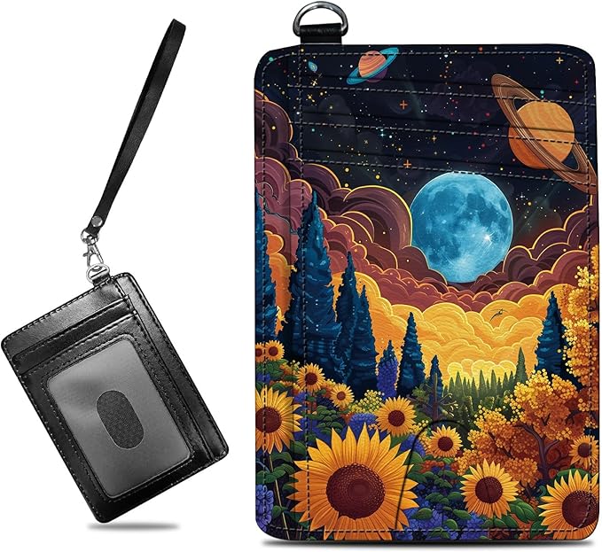 Small Travel Wallets, Starry Sunflowers Cosmic Planet Slim Minimalist Front Pocket Wallet with Wristlet, RFID Blocking PU Leather Credit Card Holder with ID Window Change Purse for Men Women