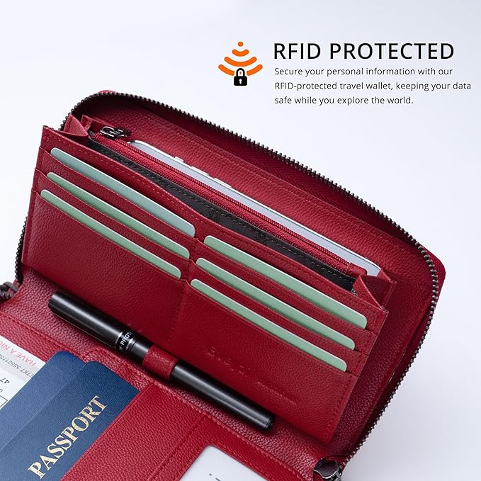 Travel Document Organizer RFID Blocking Leather Multiple Passport Wallet Family Holder Id Wrist Strap(Wine Red)