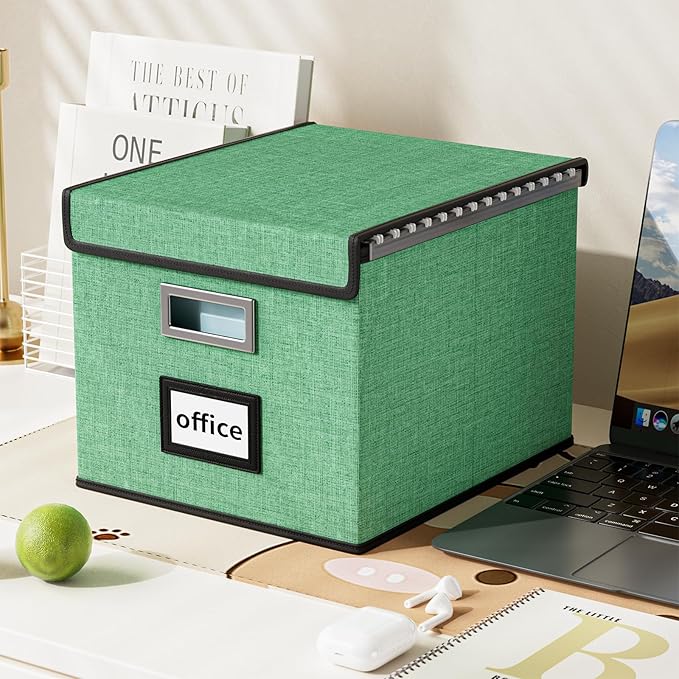 File Organizer Box with Lid, Collapsible File Folder Organizer for Office Document Storage, Filing Box with Plastic Slide for Letter Size Hanging File Folders(1 Pack, Light Green)