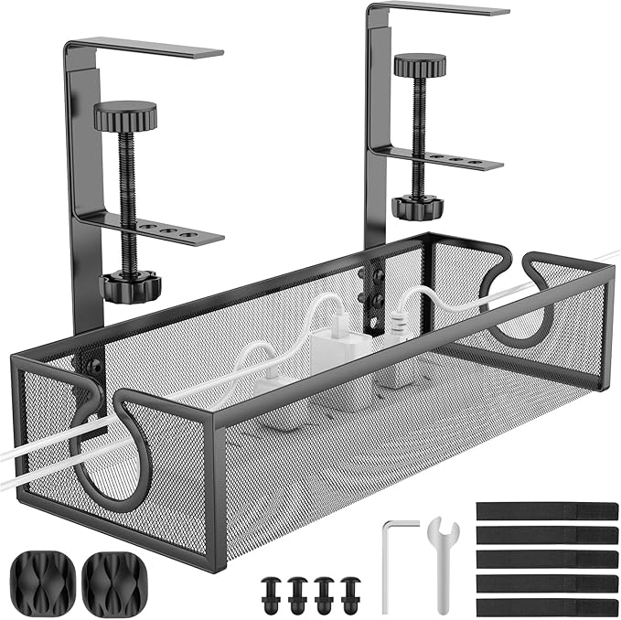 REFLYING Under Desk Cable Management Tray, Metal Long Arms (3.9in), No Drill Mesh Cable Tray, Wire Organizer, 1 Pack, Black